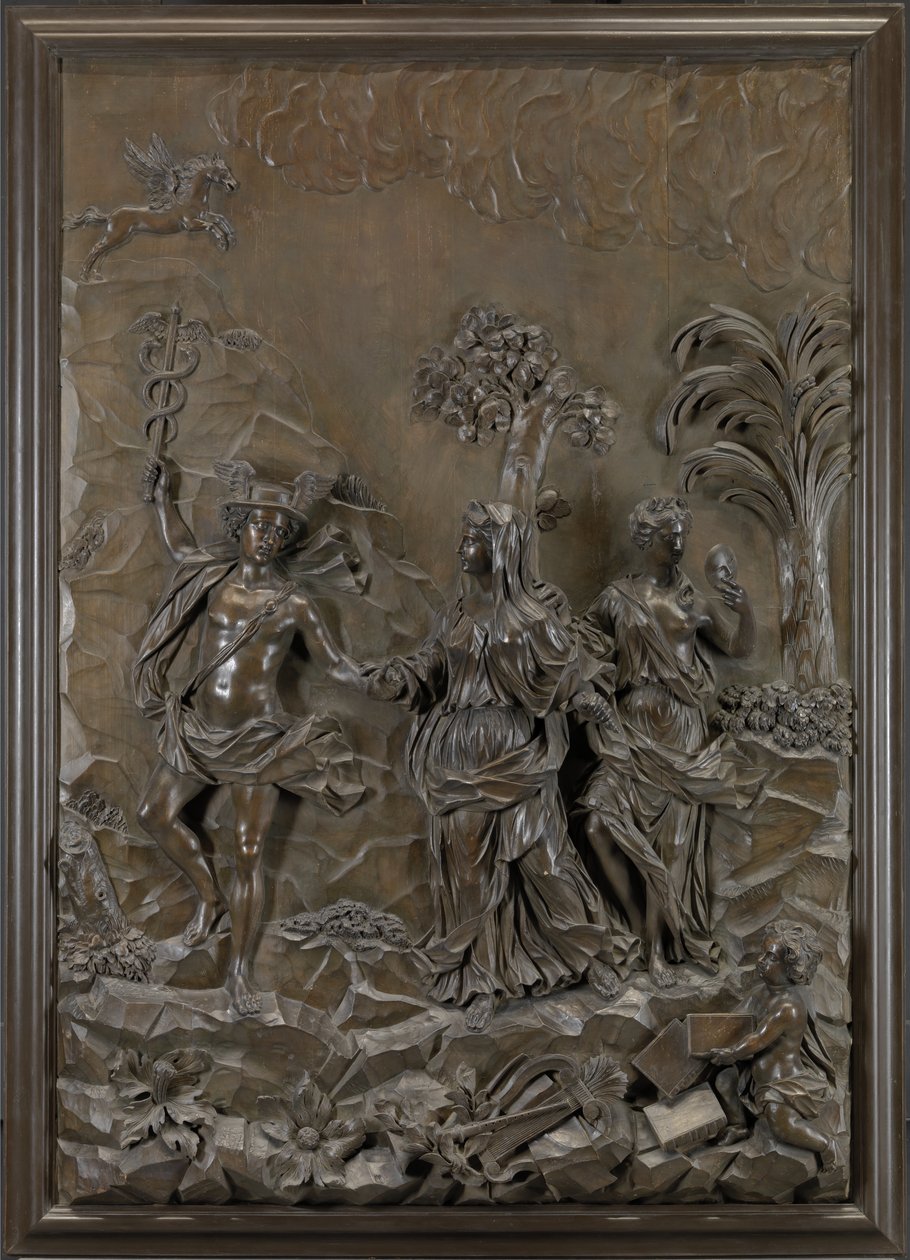 The Stowe-relieffer: Mercury dirigerer tragisk og komisk poesi til Parnassus-højen, ca. 1740 (bronseret limewood) af Michael (attr.to) Chuke