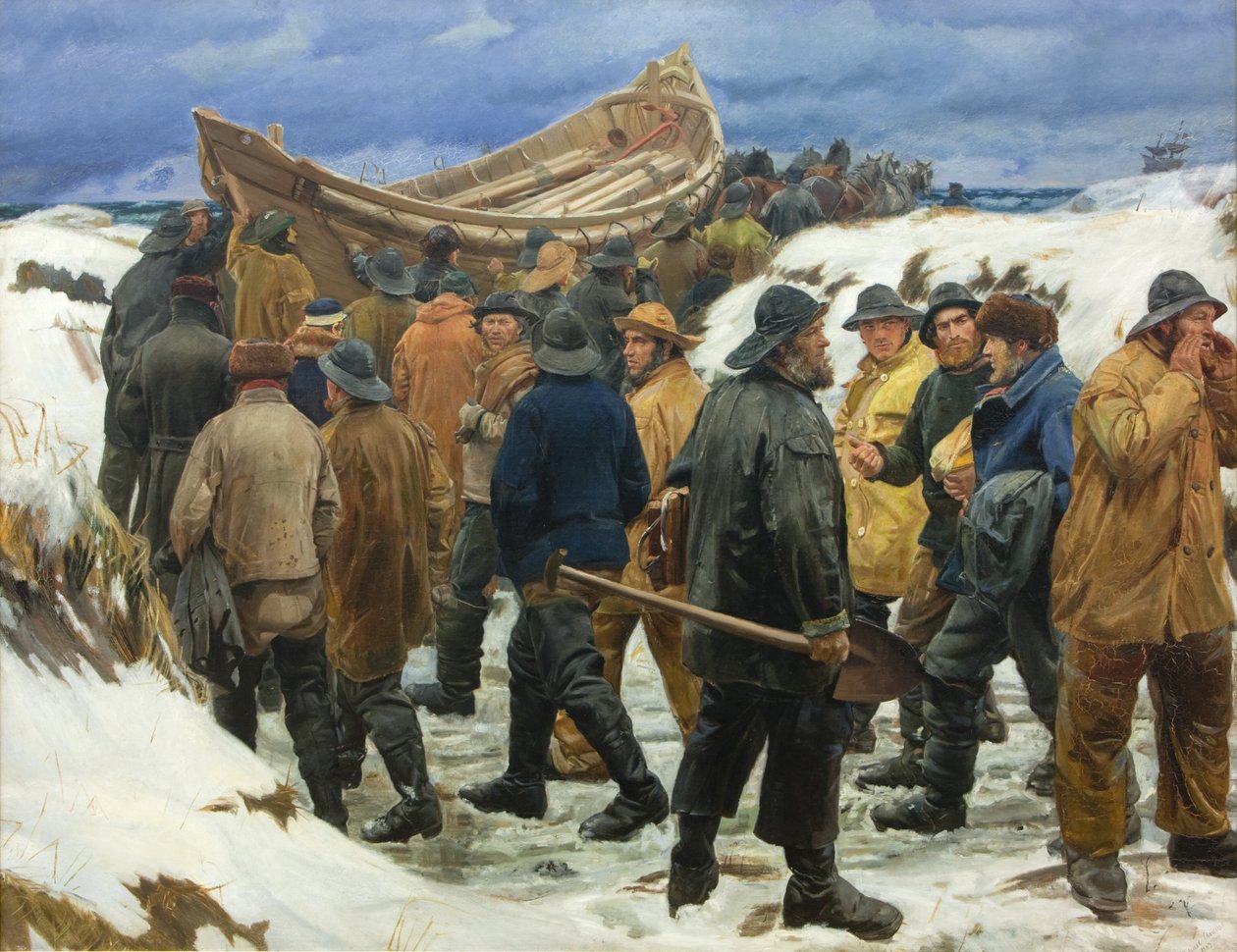 Redningsbåden er taget gennem klitterne af Michael Ancher