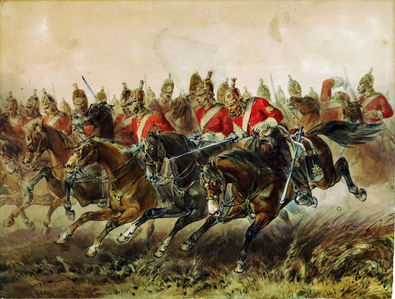 Den lette brigades anklage under slaget ved Balaclava (bataille de Balaklava) - Hayes, Michael Angelo (1820-1877) - 1854 - Akvarel på papir - 31,2x40,4 - Privat samling af Michael Angelo Hayes
