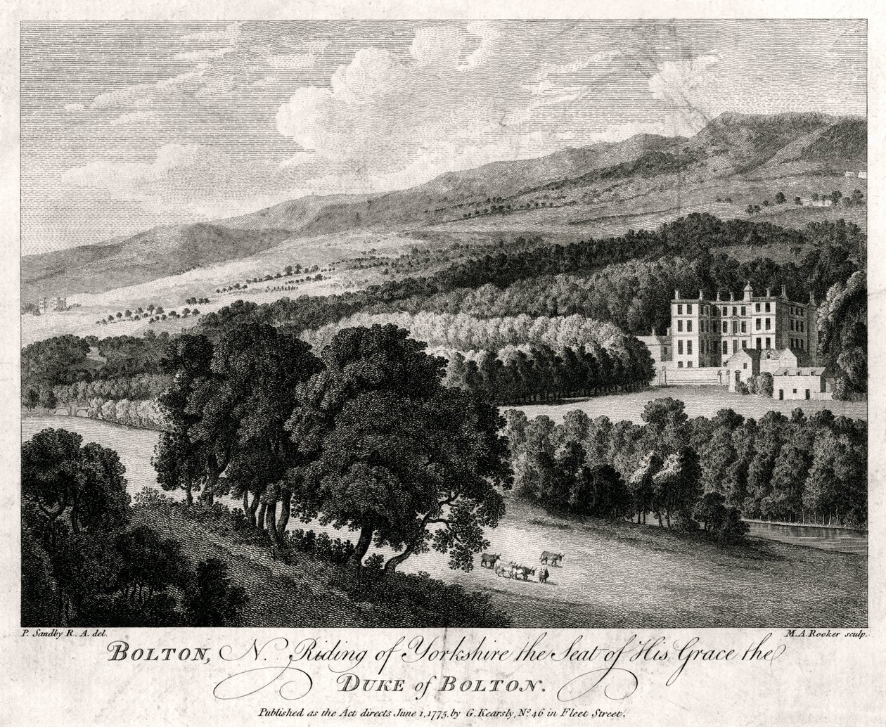 Bolton, North Riding of Yorkshire, sæde for hans nåde, hertugen af Bolton, 1775 af Michael Angelo Rooker