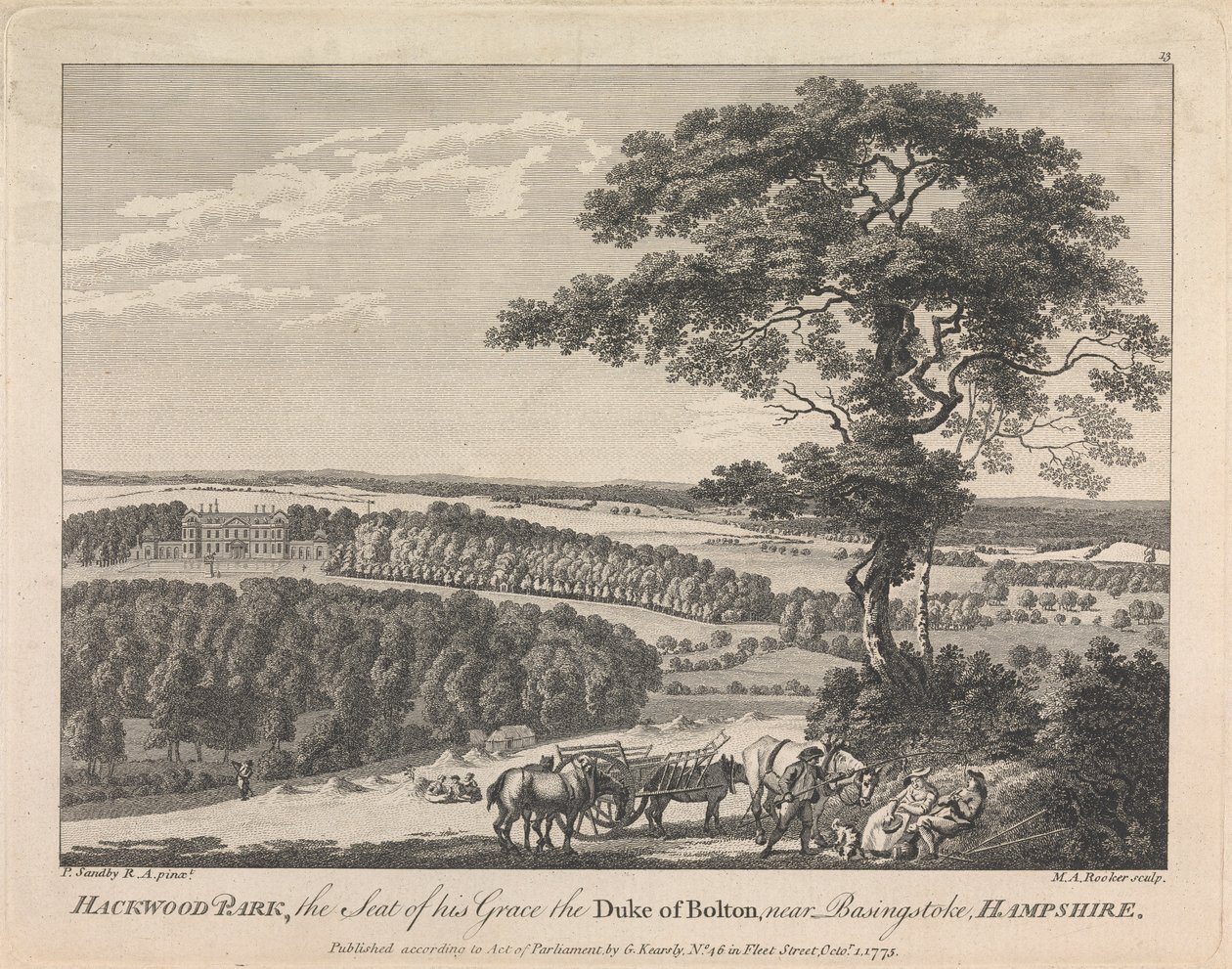 Hackwood Park, sæde for hans nåde, hertugen af Bolton nær Basingstoke, Hampshire (udgivet af G. Kearsly); side 19 (bind 2) af Michael Angelo Rooker