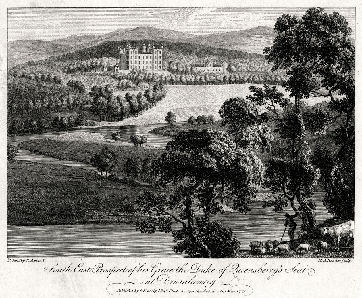 South East Prospect of his Grace the Duke of Queensberrys sæde i Drumlanrig, Skotland, 1775 af Michael Angelo Rooker