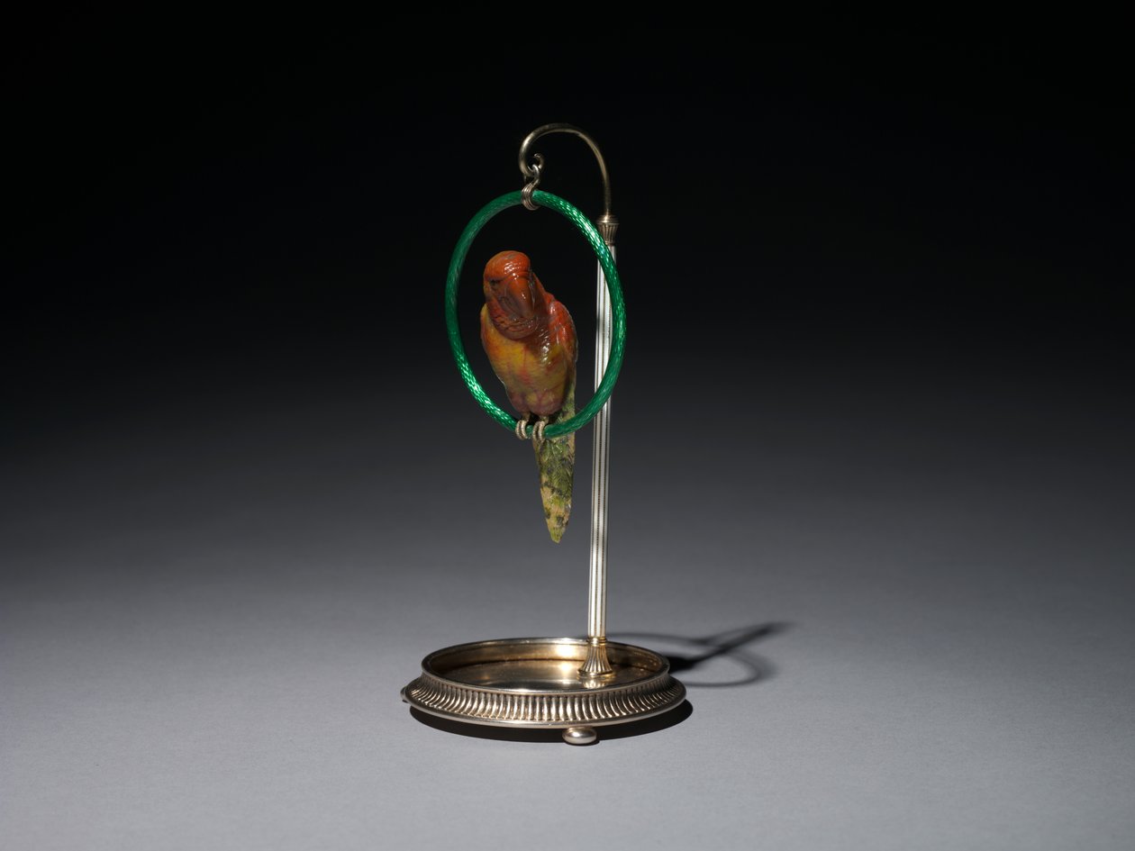 Papegøje på en aborre (papegøje), firma af Peter Carl Fabergé (1846-1920) af Michael Evlampievich Perkhin
