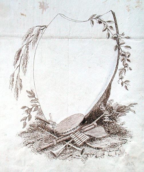 Hjerteformet skjold med instrumenter fra Michael Faradays scrapbog (pen & blæk på papir) af Michael Faraday