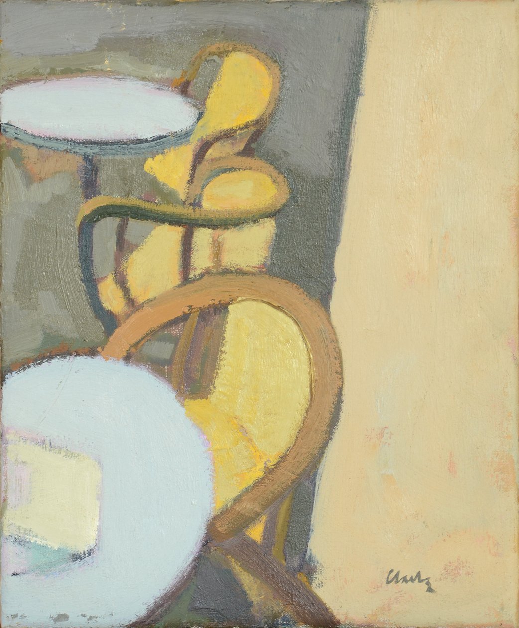 Café Table Top, 2017 (olie på linned) af Michael G. Clark