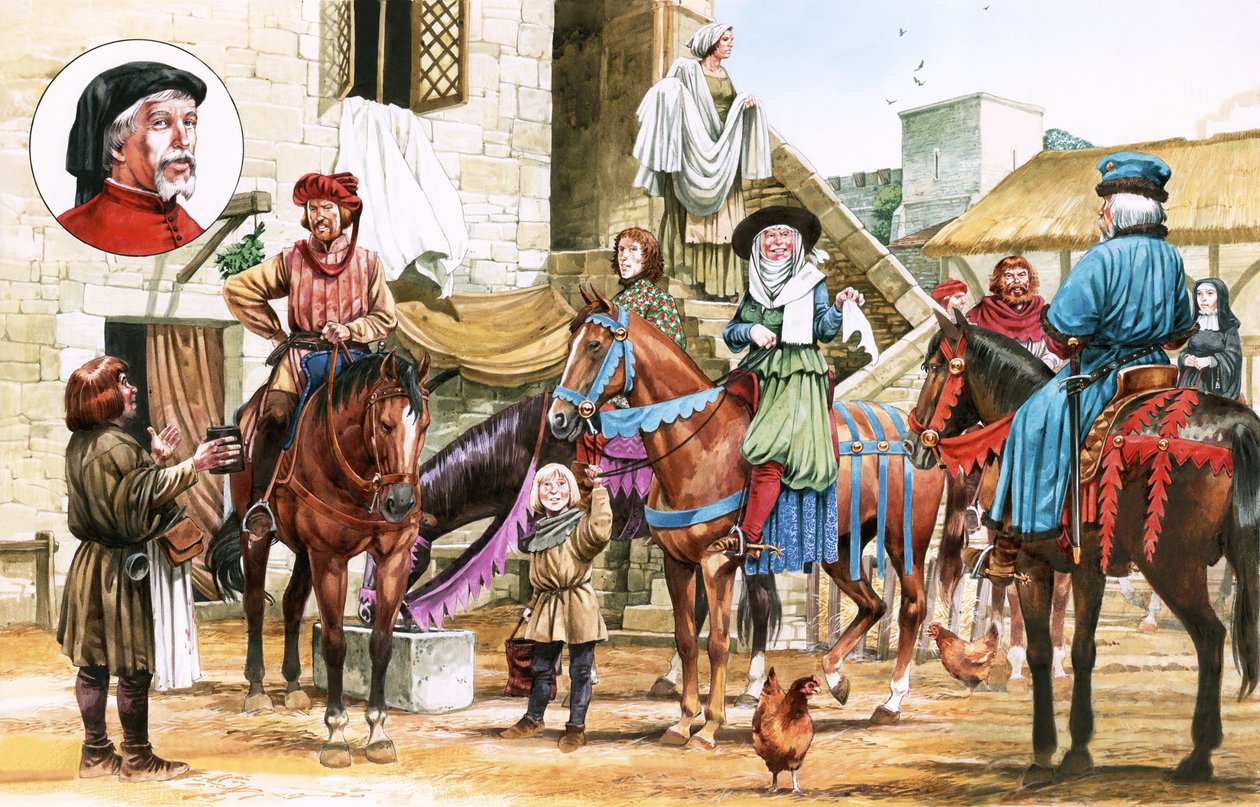 Canterbury-fortællinger. Pilgrimme tager af sted fra Tabard Inn. af Michael Godfrey