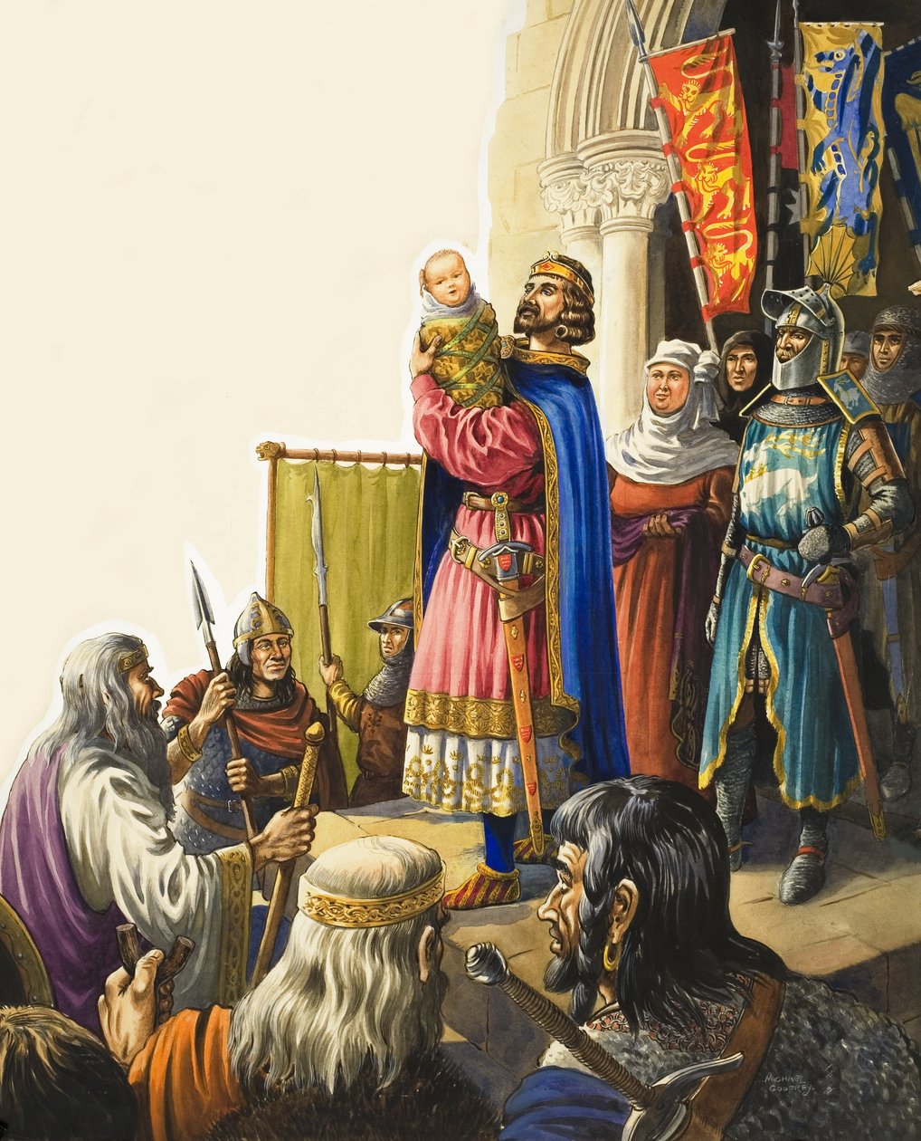 Kong Edward I (1239-1307) præsenterer sin lille søn (gouache på papir) af Michael Godfrey