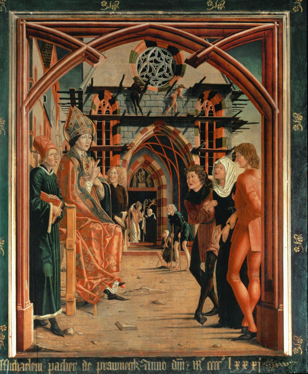 Sankt Wolfgang helbreder den besatte kvinde, der blev bragt foran ham af Michael Pacher