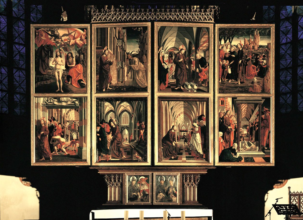 Wolfgang-alteret, lukkede indre skoddepar. 8 scener (maleri) af Michael Pacher