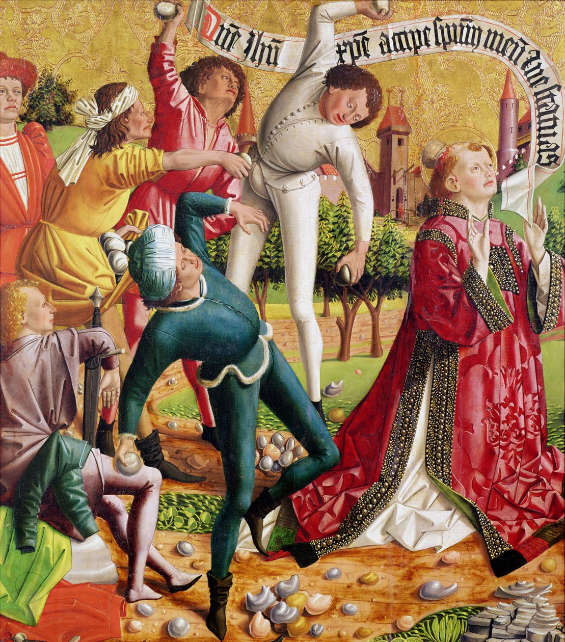 Steningen af St. Stefan, fra altertavlen af St. Stefan, ca. 1470 af Michael Pacher