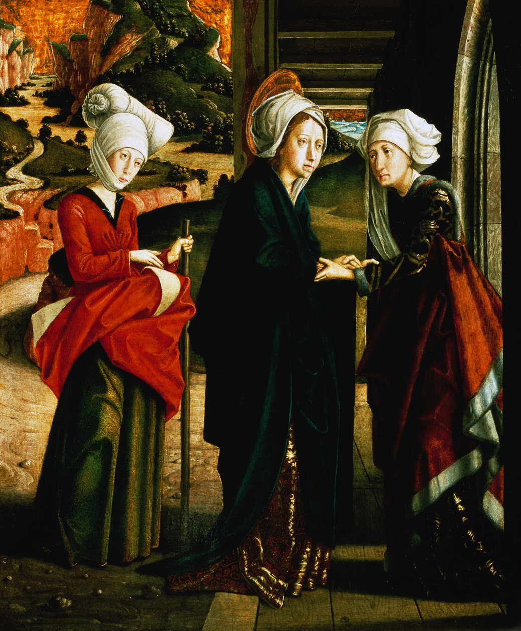Besøg af Maria, nederste panel af Scener fra Kristi liv, St. Wolfgang-altertavlen St. Wolfgangs kapel, St. Wolfgang im Salzkammergut, Østrig af Michael Pacher