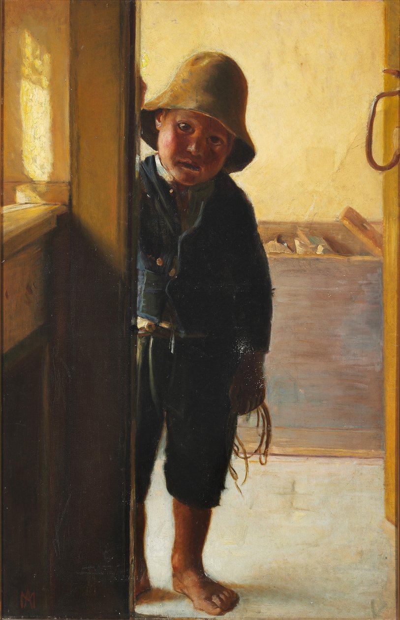 En fiskers søn kigger gennem en døråbning. af Michael Peter Ancher