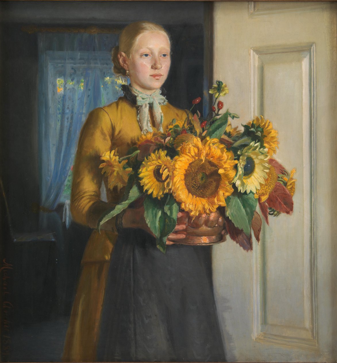 Dansk:  Pigen med solsikkerne A Girl with Sunflowers af Michael Peter Ancher