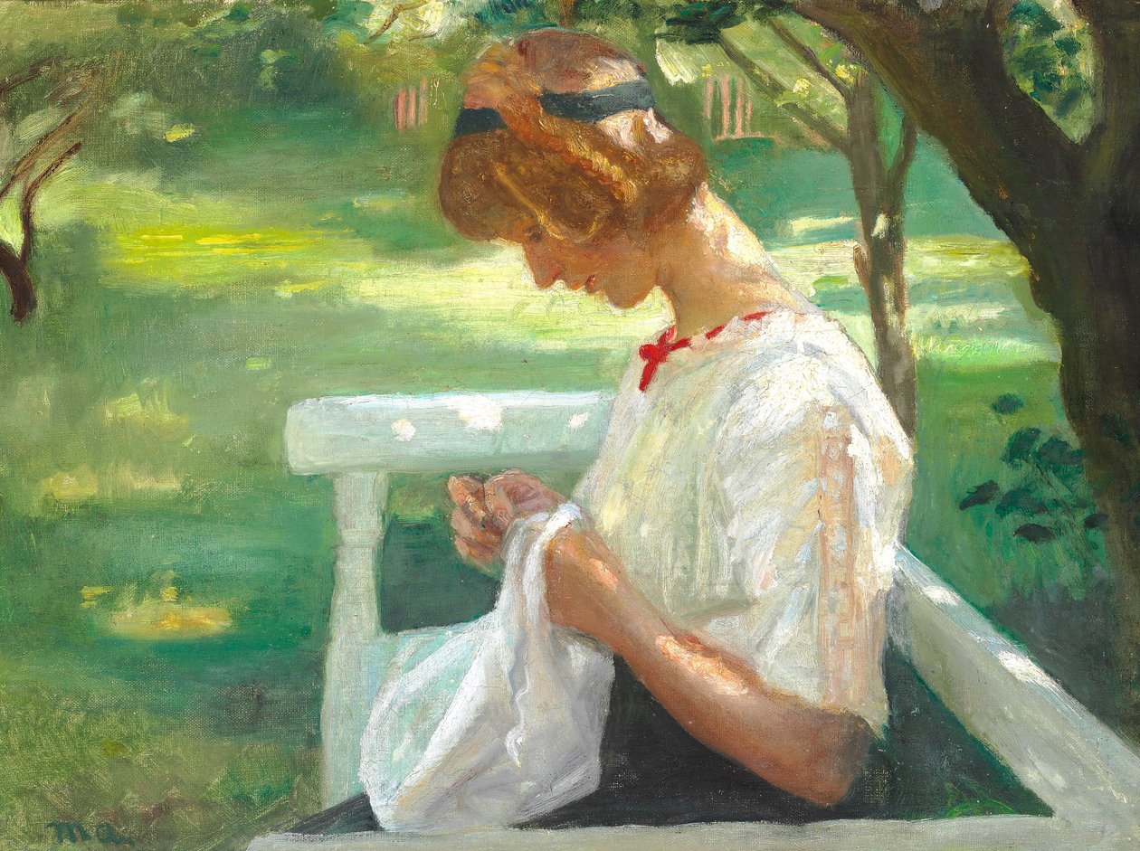 Ella Saxild syr i haven på en sommerdag. af Michael Peter Ancher