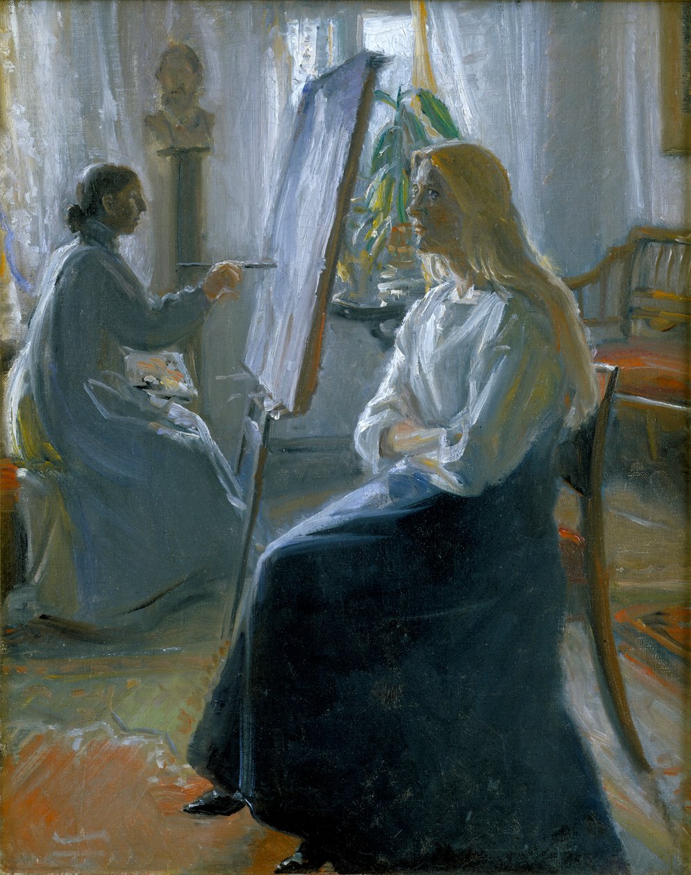 I atelieret, Anna Ancher, kunstnerens hustrus maleri, slutningen af det 19.-begyndelsen af det 20. århundrede. af Michael Peter Ancher