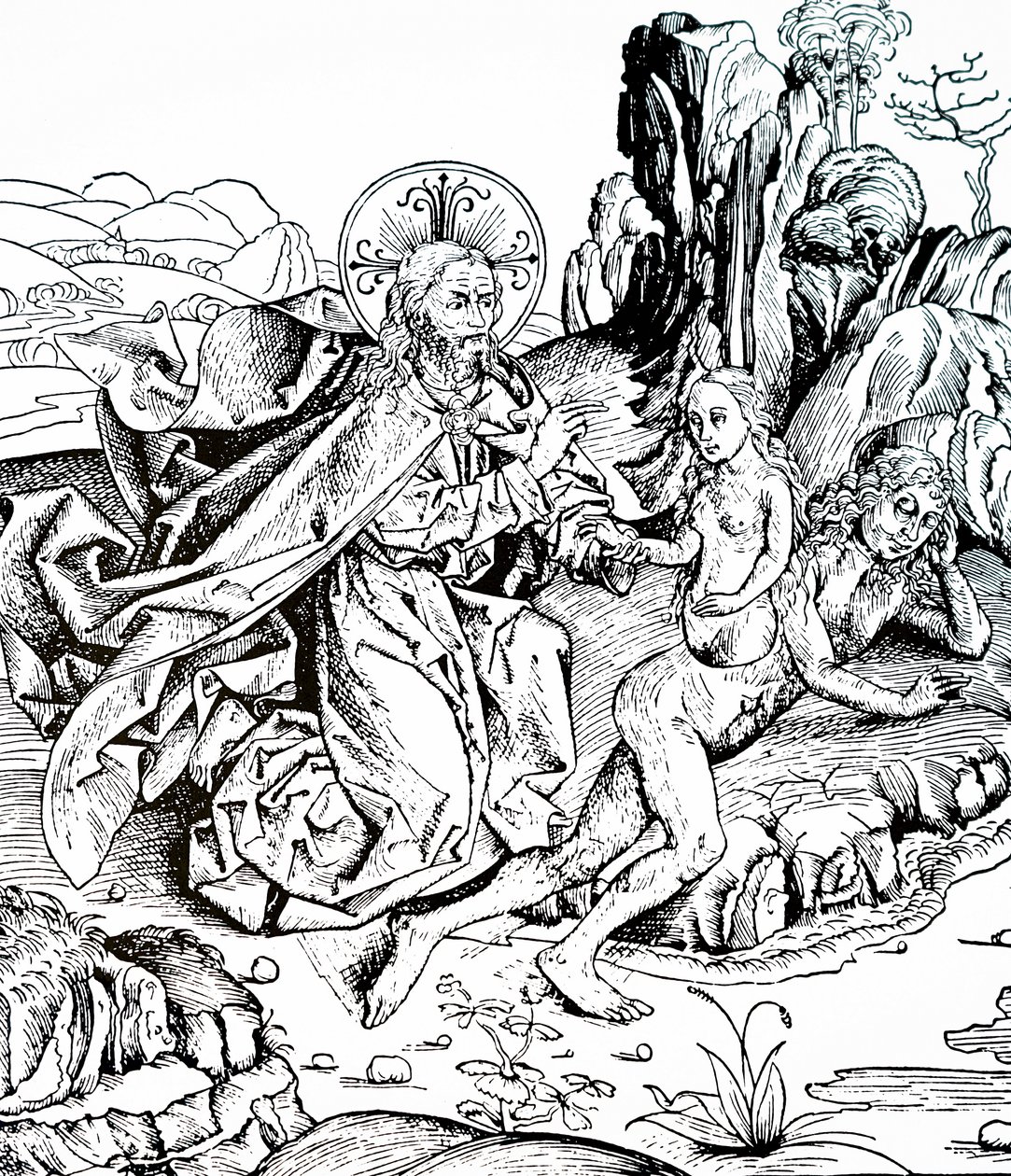 Skabelsen af Adam og Eva fra Nürnberg-krøniken af Michael & Pleydenwurff W. (d.1494) Wolgemuth