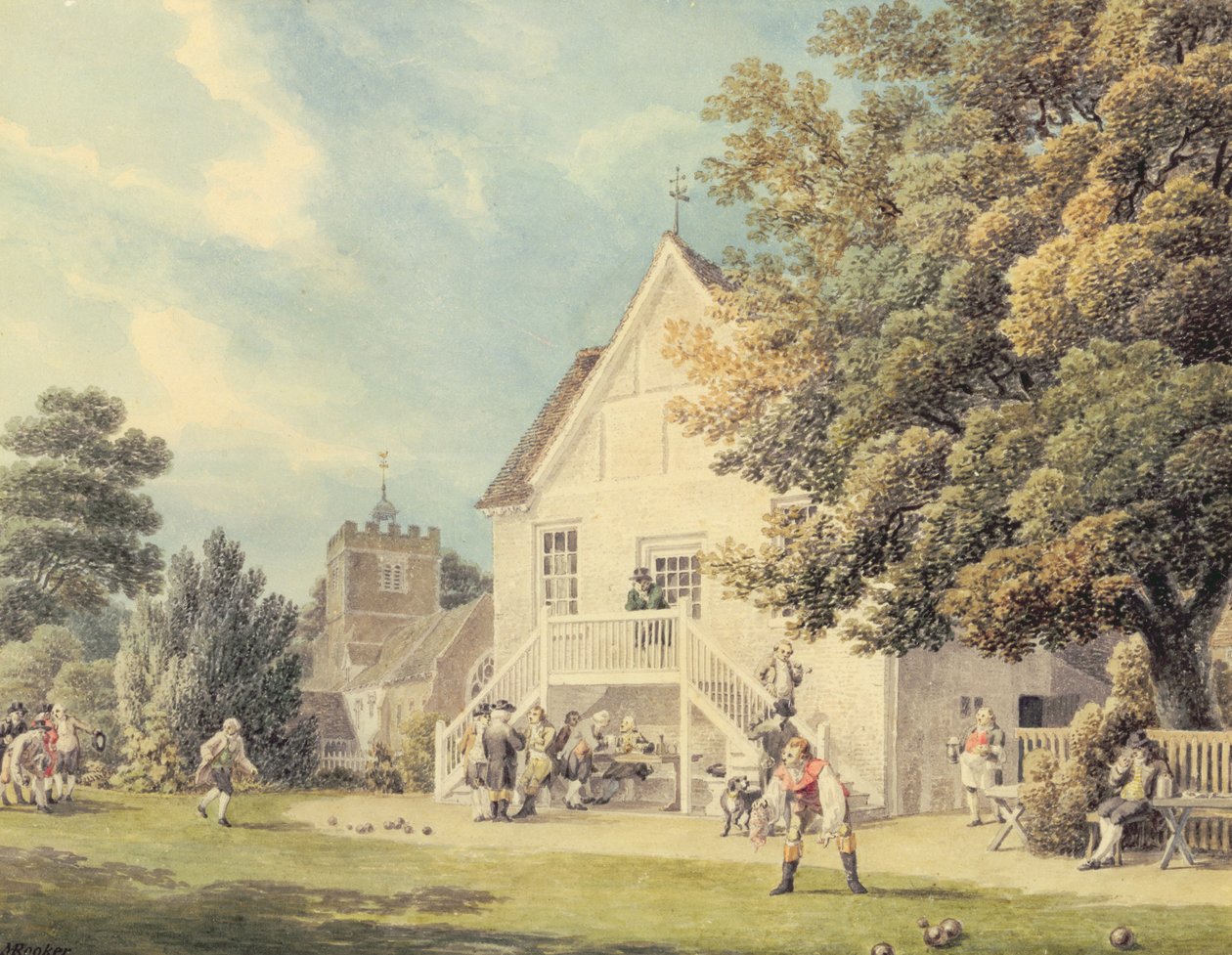 A Game of Bowls på Bowling Green uden for Bunch of Grapes Inn, Hurst, Berkshire af Michael Rooker