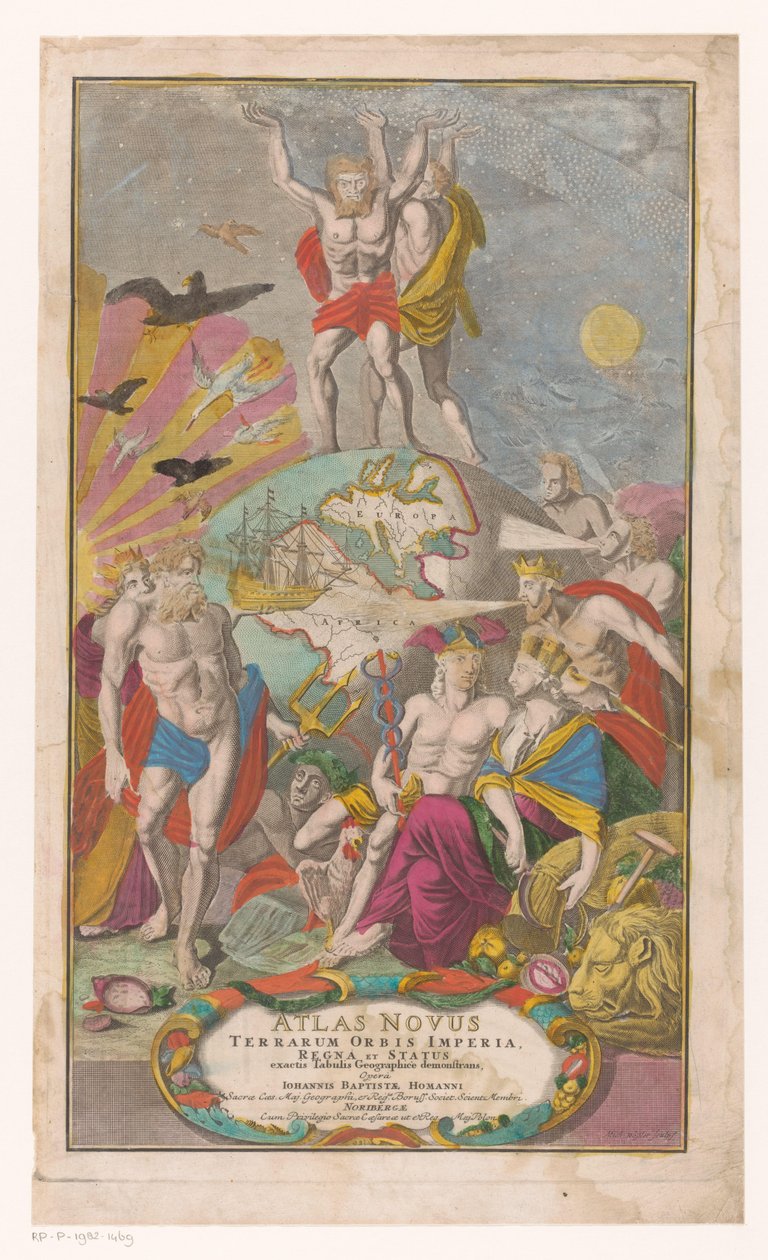 Atlas en Hercules bærer sternerhemel Titelside for: Johann Baptista Homann, Atlas Novus Terrarum Orbis Imperia, Regna og Status Exacte Tabulis Geographicè Demonstrants, 1729 af Michael Rössler