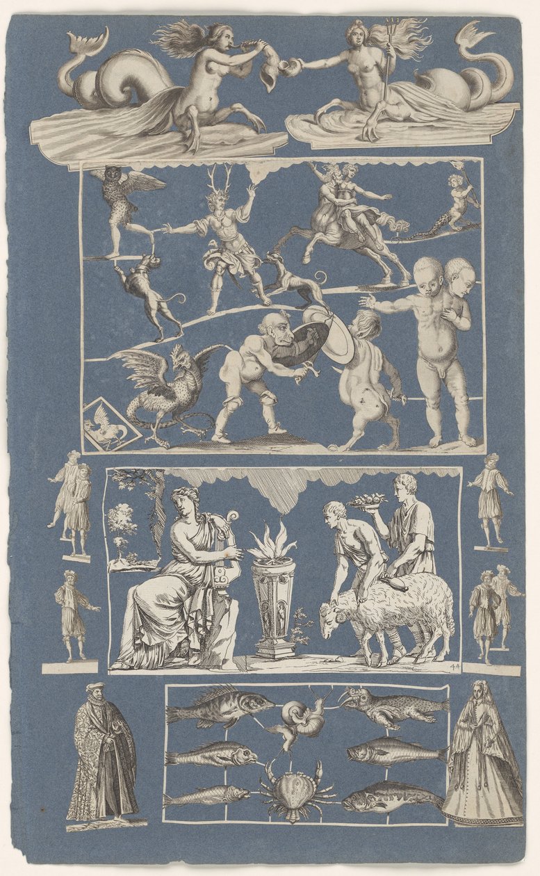 Collage af udklippede billeder klistret på et albumark af blåt papir naturens vidundere af Michael Snijders (attributed to)