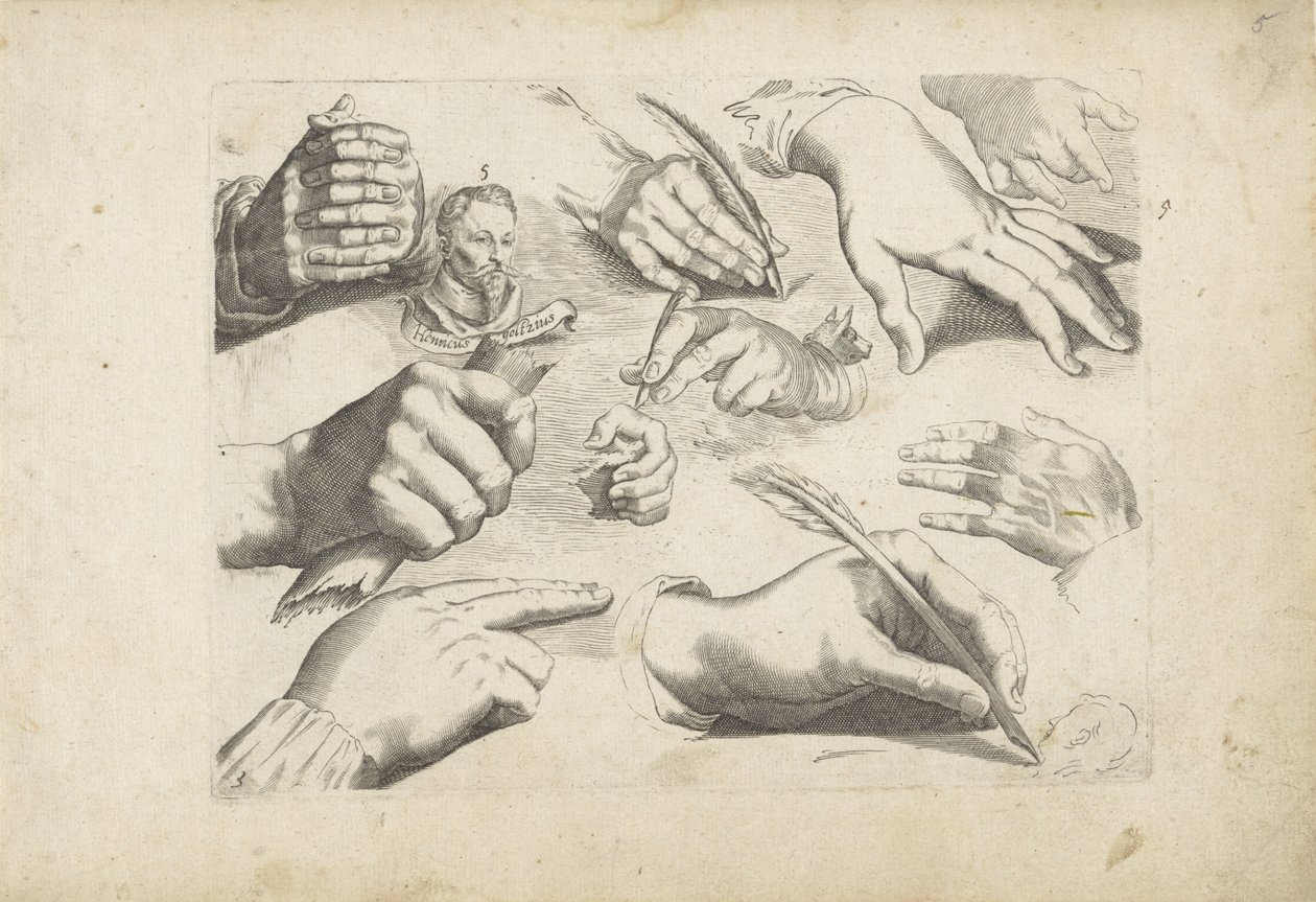 Tegneark med tegneeksempler: hænder og portræt af Hendrick Goltzius af Michael Snijders