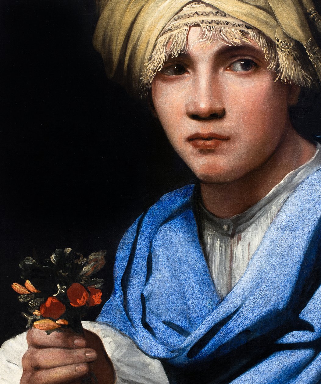 Dreng med turban holder en buket blomster af Michael Sweerts