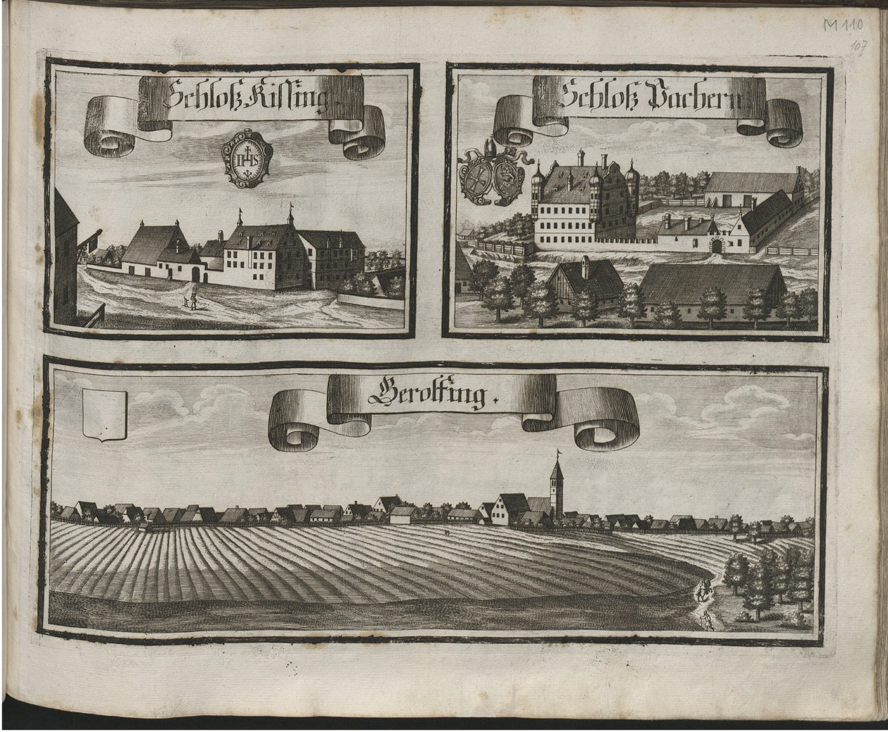 Tysk: Historico-Topographica Descriptio. Det vil sige: Beskrivelse, deß Churfürsten- und Hertzogthums Ober- und Nidern Bayrn : Welches In vier Theilter oder Renntämbter, Als Oberlandts München und Burgkhausen, Unterlandts aber in Landshuet und Straubing ab af Michael Wening