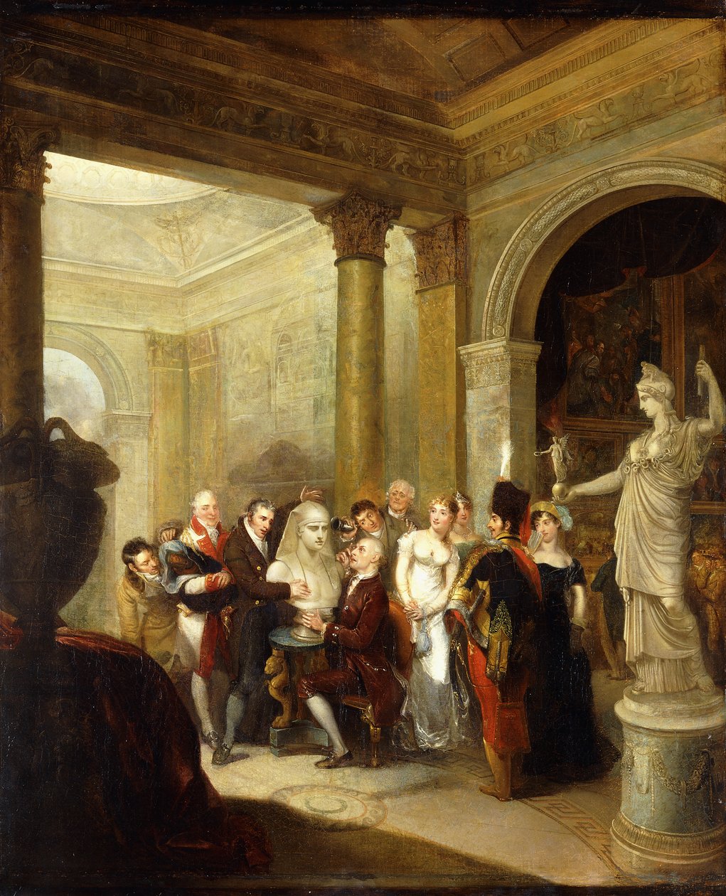 Et Capriccio Interiør med en Gruppe af Damer og Herrer, der undersøger en Buste af Antinous, med Hope Athene og et Billedgalleri hinsides til højre; en kuppelformet salon til venstre, 1811 af Michael William Sharp