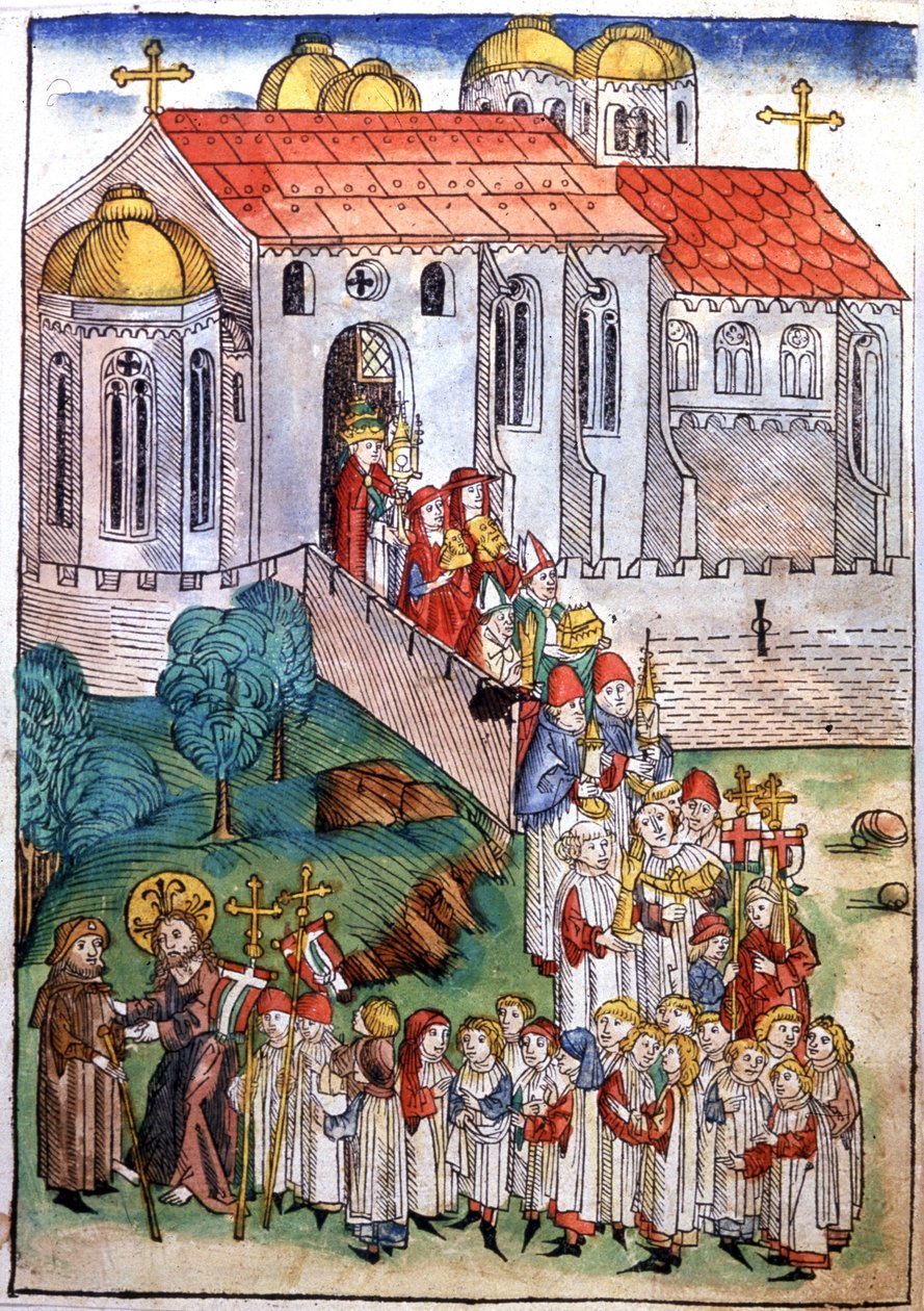 Pilgrimsfærd i Saint James of Compostelle, gravering, slutningen af det 15. århundrede af Michael Wohlgemuth
