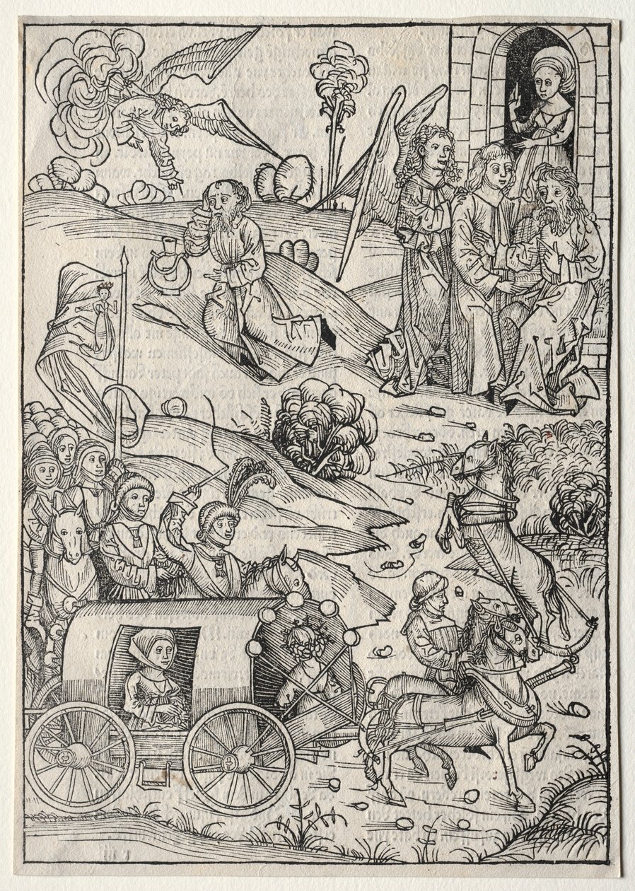 Der Schatzbehalter: The Return of Tobias to Tobit, The Arrival of Tobias Wife..., 1491. af Michael Wolgemut