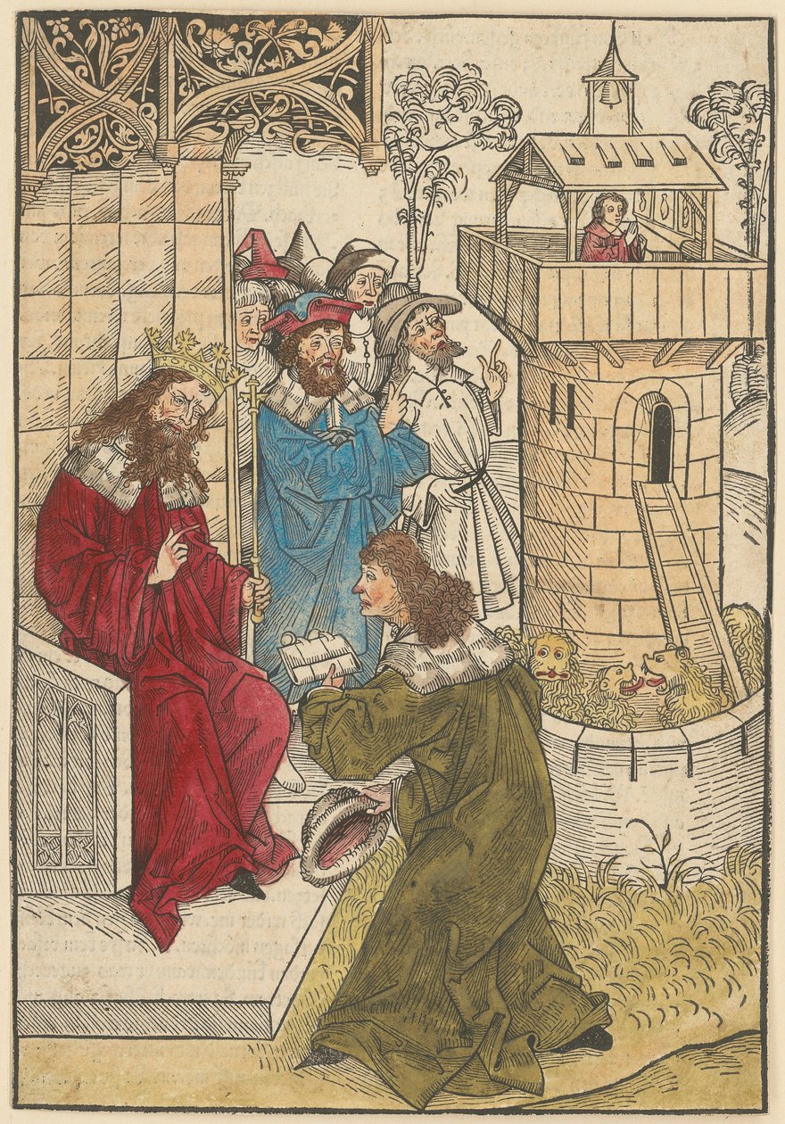 Ein Fürst kniet vor König Darius und der betende Daniel über der Löwengrube af Michael Wolgemut