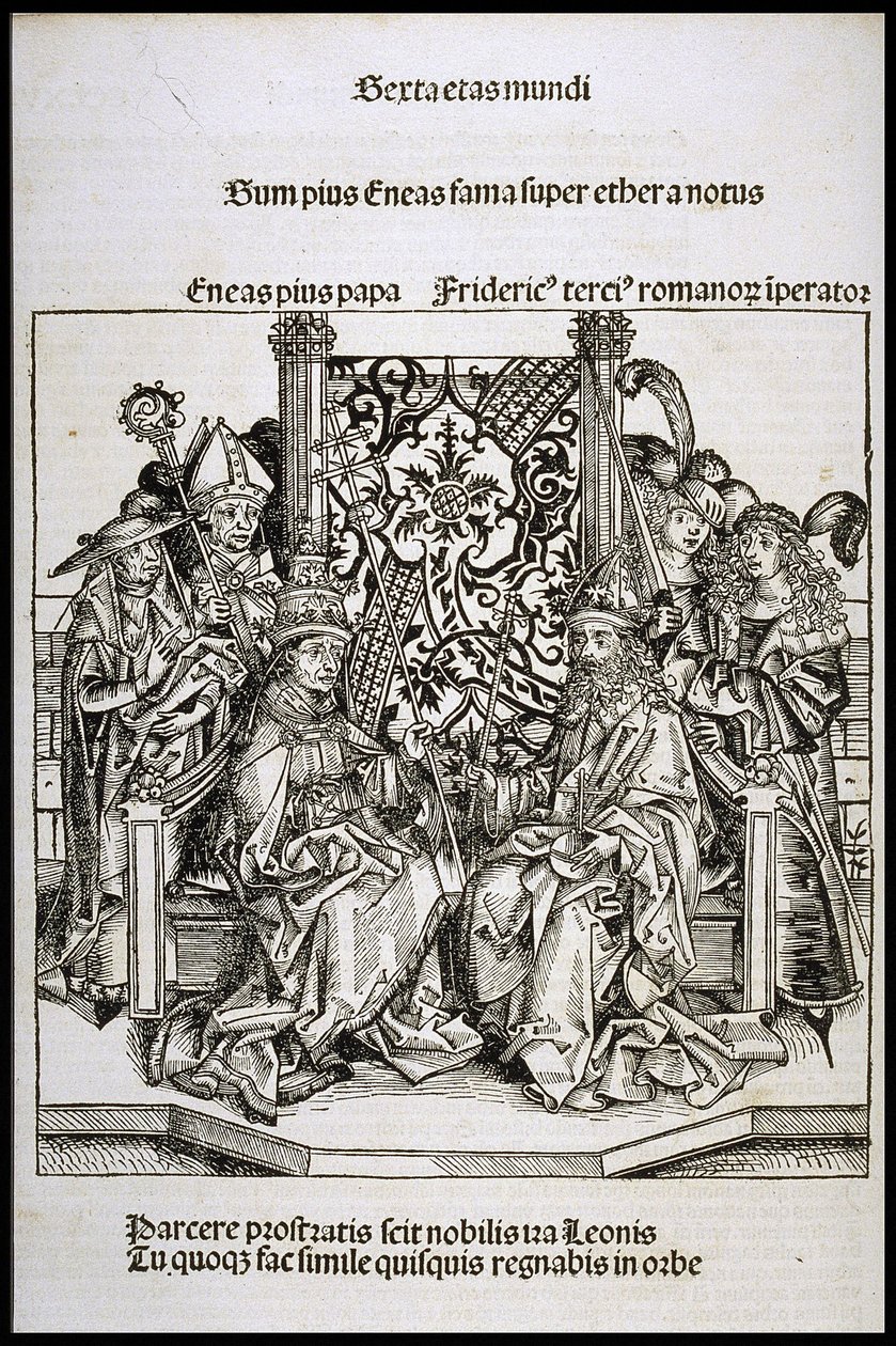 Møde mellem pave Pius II og Frederik III, kejser af Tyskland, ca 1493. af Michael Wolgemut