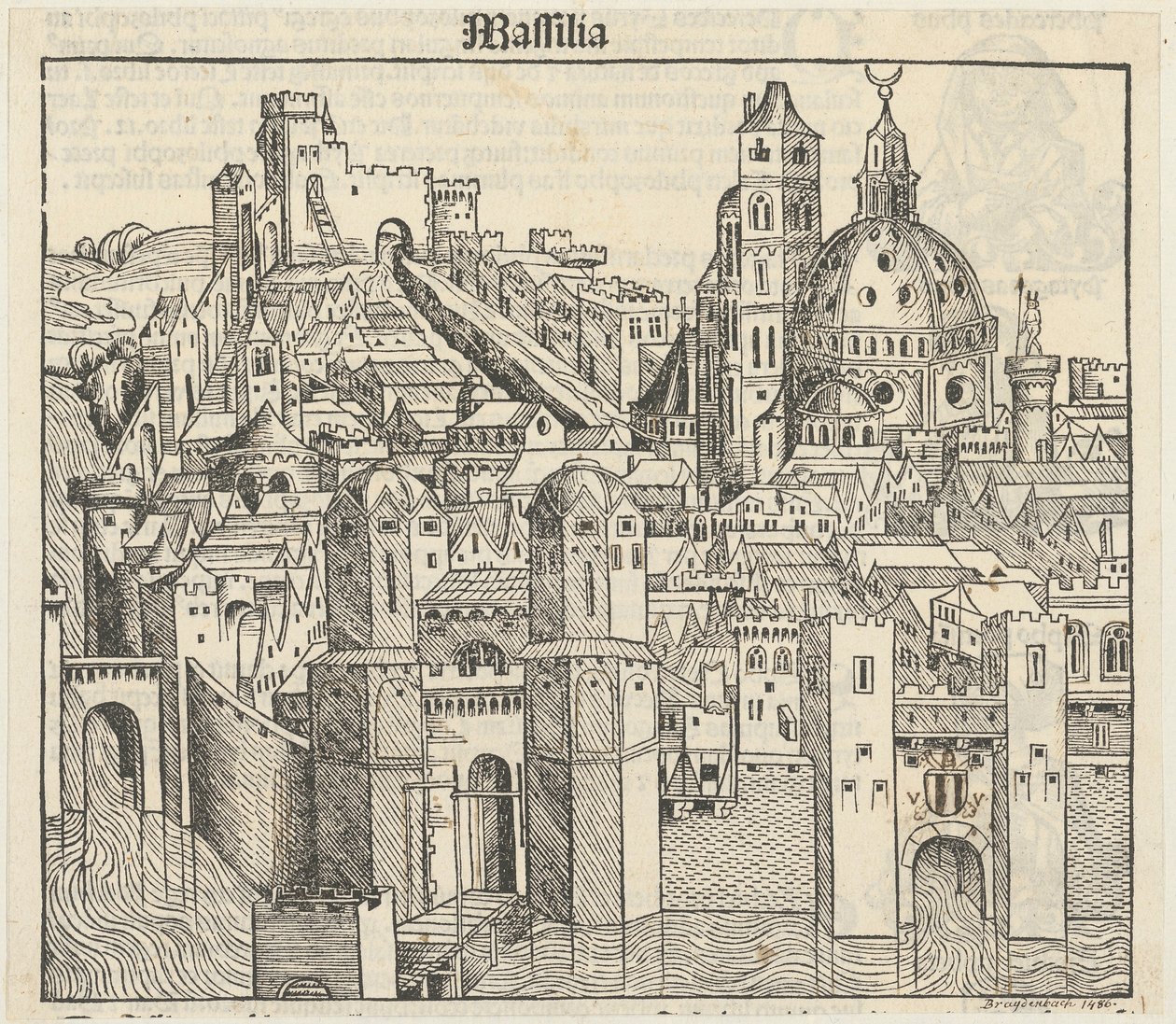 Phantasieansicht der Stadt Marseille [recto], drei Porträts (Phereades, Pythagoras und Sappho) [verso] af Michael Wolgemut