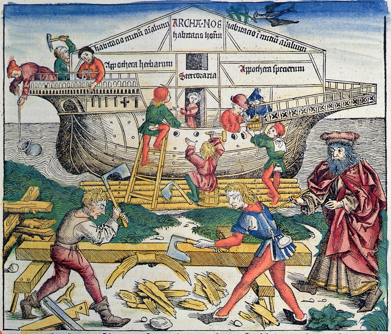 Bygningen af Noahs Ark, fra Nürnberg-krøniken af Hartmann Schedel, 1493 (farvetræsnit) af Michael Wolgemut
