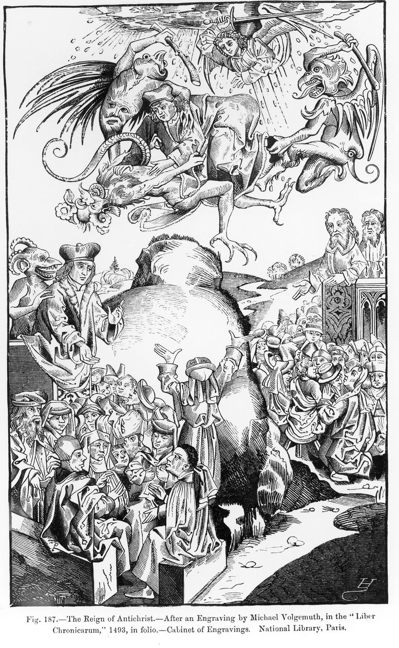The Reign of Antichrist, fra Liber Chronicarum, udgivet i 1493, illustration fra, Science and Literature in the Middle Ages and Renaissance, skrevet og graveret af Paul Lacroix, 1878 (graveret af af Michael Wolgemut