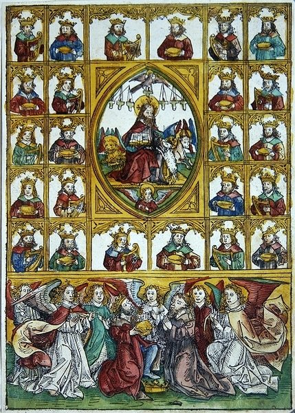 Jesus omgivet af symbolerne på de fire evangelister og mange konger, der bærer harper og guldbægre af Michael Wolgemut or Wolgemuth
