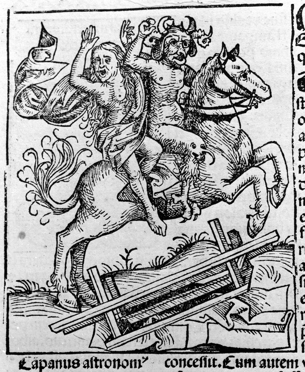 Djævelen og en heks går på sabbat af Hartmann Schedel Liber chronicarum Nürnberg 1493 af Michael Wolgemut or Wolgemuth
