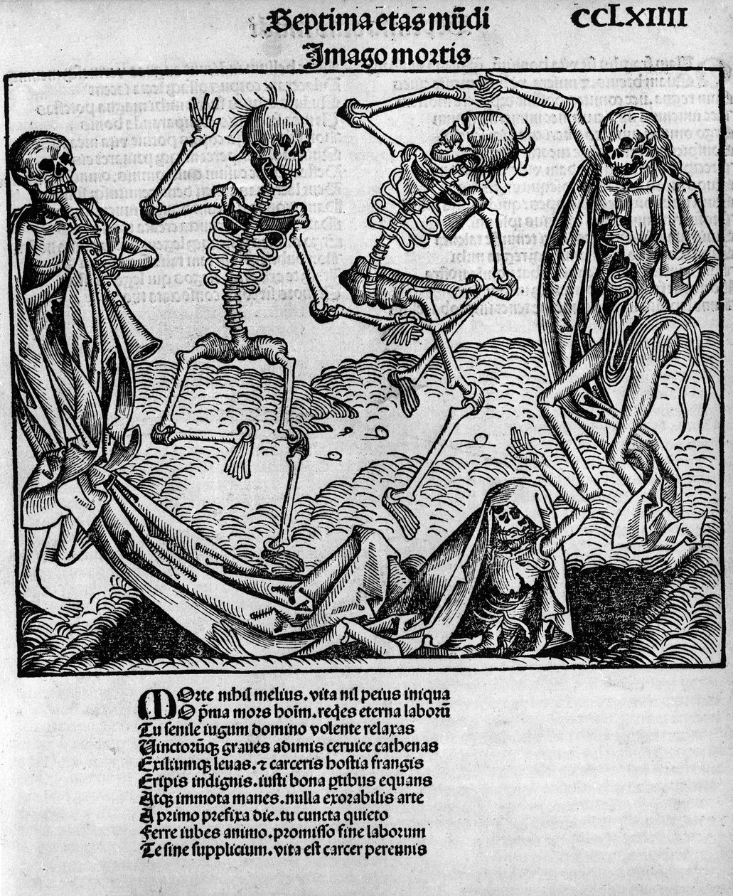 Makaber dansescene, med skeletter, -i "" Chronicles of Nuremberg"" af Hartmann Schedel (1440-1514), redigeret i Nürnberg af Anton Koberger, 12. juli af Michael and Pleydenwurff W. (d.1494) Wolgemuth