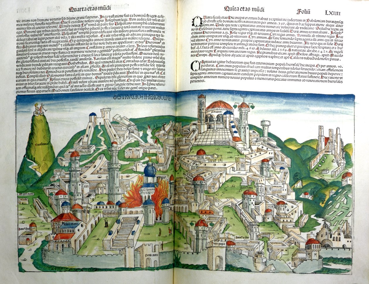Den oprørte by Jerusalem ødelagt af kejser Titus, fra Nürnberg-krøniken af Hartmann Schedel (1440-1514) trykt i 1493 af Michael and Pleydenwurff, W. Wolgemuth