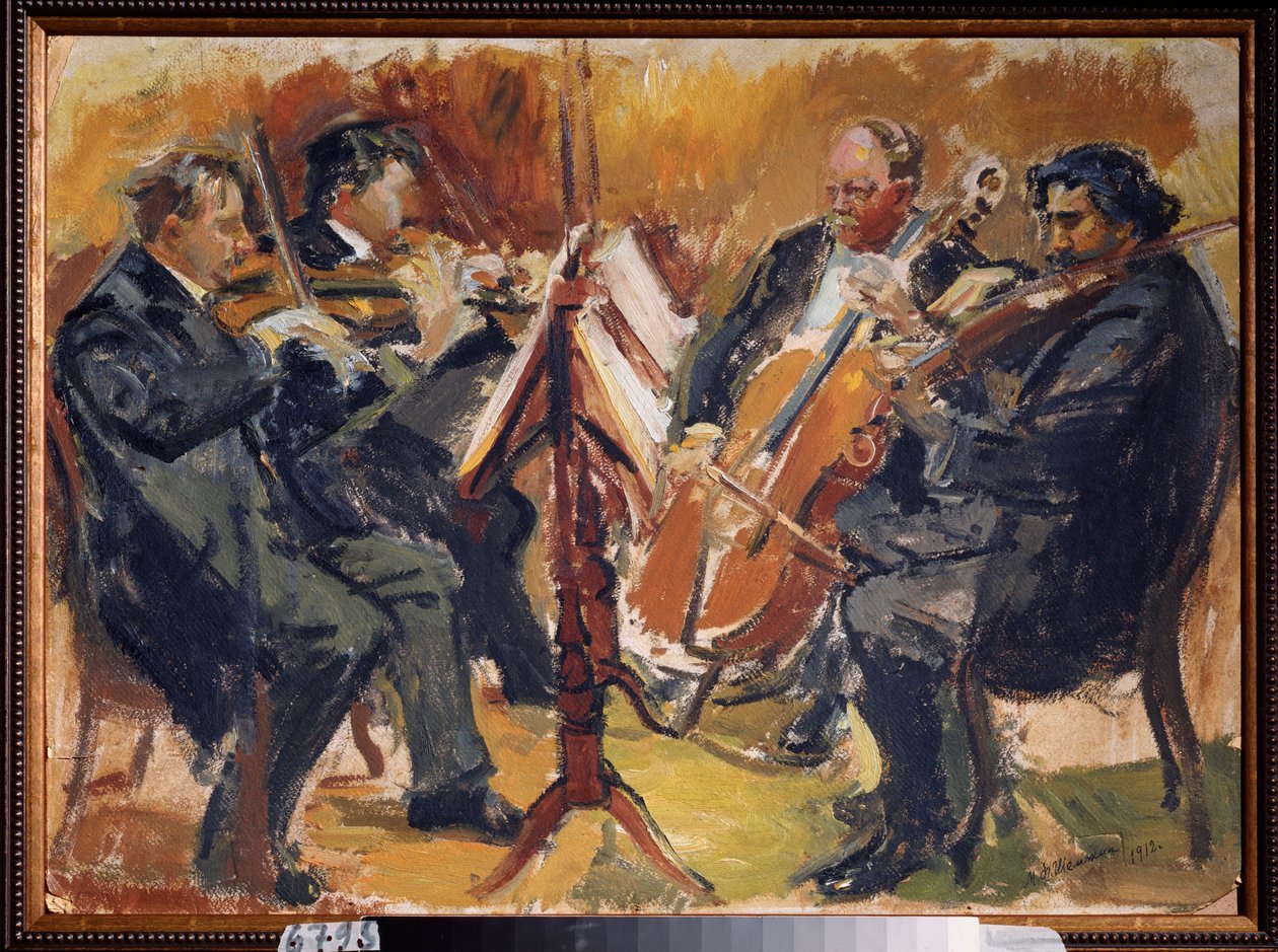 Den tjekkiske kvartet af komponisten Sergei Taneyev, 1912 (olie på pap) af Michail Fyodorovich Shemyakin