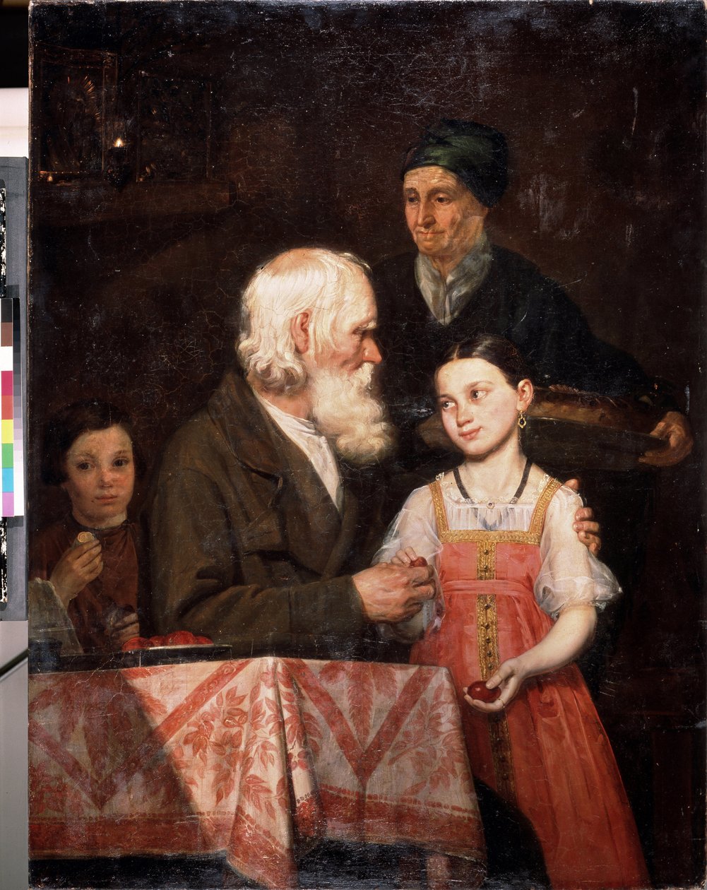 Påske. En gammel mand giver æg farvet rødt til sit barnebarn, bedstemoderen medbringer en traditionel påskebrioche. Maleri af Michail Andreevich Mokhov (1819-1903), olie på lærred af Michail Andreevich Mokhov