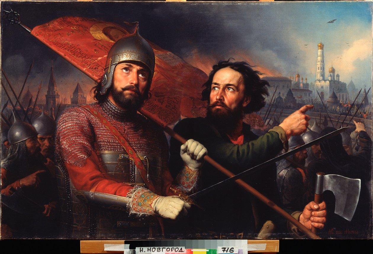 Den nationale opstand af Kuzma (Kuzma eller Kozma) Minin (død i 1616) og grev Dmitri Pozharsky (Pozharsky) (1577-1642) (Moskvas befrielse fra polsk besættelse i 1612) - Kuzma Minins og grev Dmitrys nationale opstand - Maleri af Michail Ivanovich Skotti