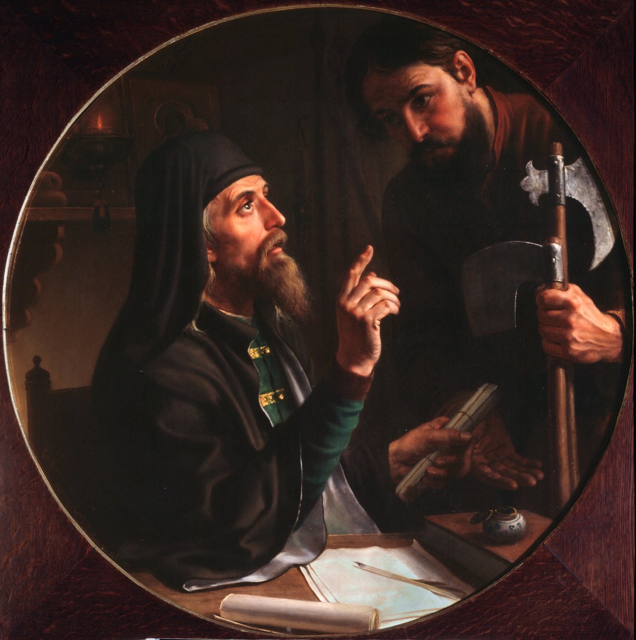 Higoumene (hegoumene) af den hellige treenigheds laurbær (Trinite-Saint-Serge) Dionysius Zobninovsky præsenterer en kirkelig gerning (Hegumen af ​​Lavra Dionysius Zobninovsky præsenterer en kirkelig gerning) - Maleri af Mikhail Ivanovich Skotti (18). af Michail Ivanovich Skotti