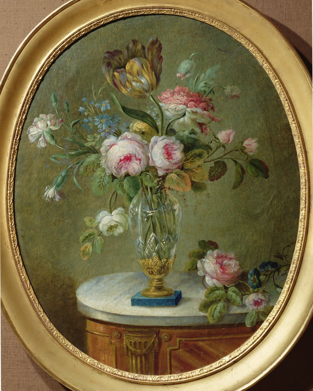 Vase med blomster på et bord af Michel Bellange