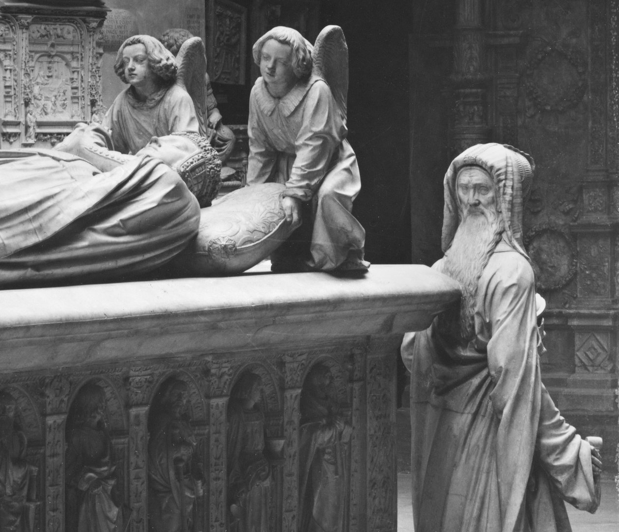 Nantes, St. Peter og St. Paul Cathedral, Graven af Frans II, Hertugen af Bretagne og Marguerite af Foix, set bagfra af Prudence kendt som et selvportræt af Michel Colombe, 1502-07 (detalje) (gips c af Michel Colombe