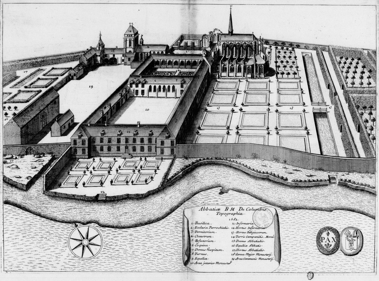 17. århundrede indgraveret plade, der repræsenterer klosteret Notre-Dame de Coulombs, i bogen Monasticon Gallicanum af Michel Germain