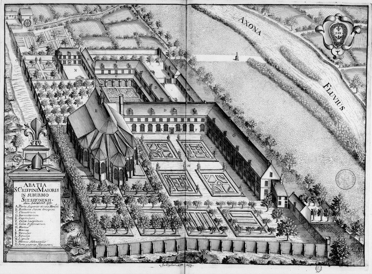Graveret plade fra 1600-tallet, der repræsenterer klosteret Saint-Crépin-Le-Grand de Soissons, i bogen Monasticon Gallicanum af Michel Germain