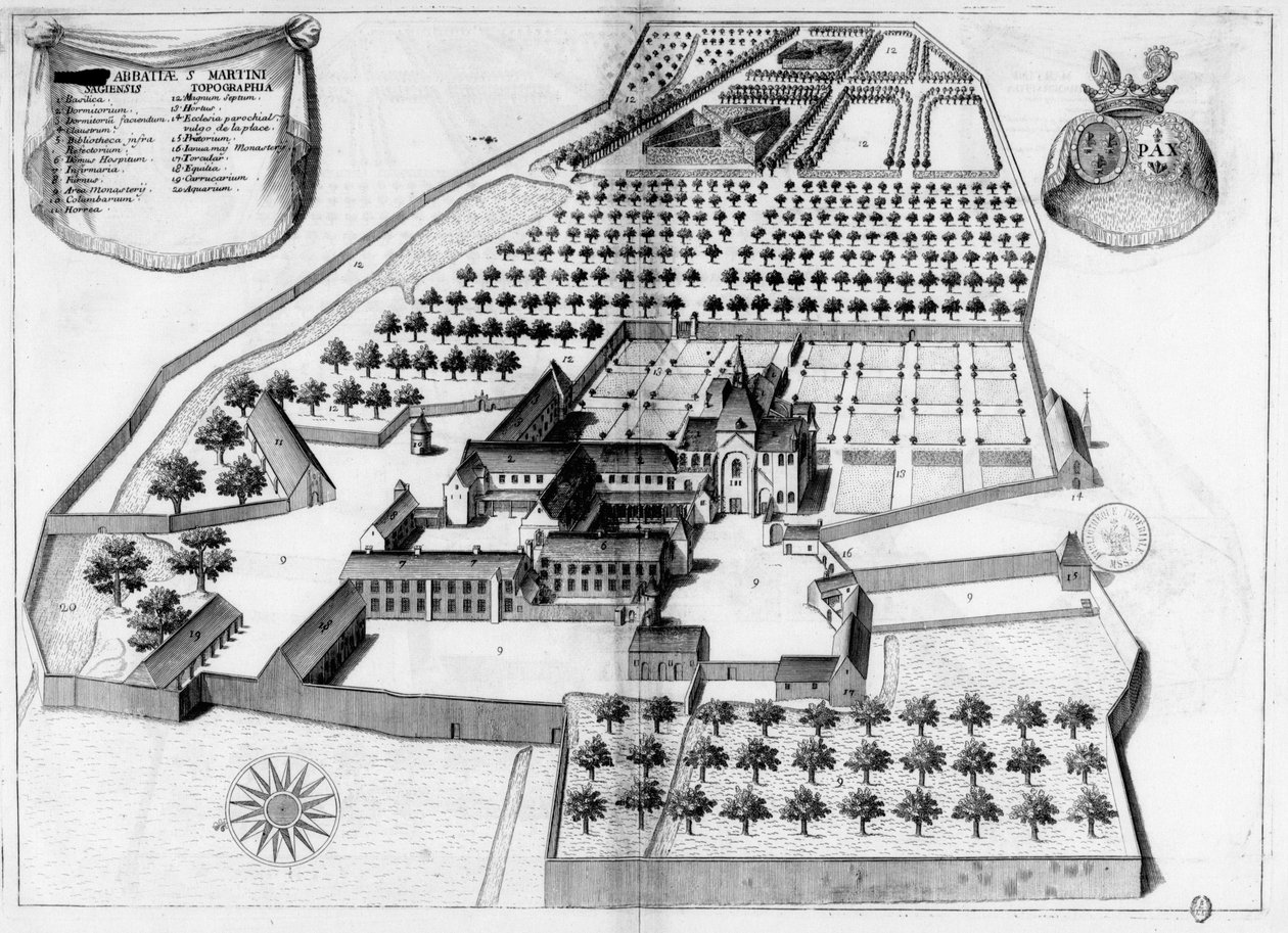 Graveret plade fra 1600 -tallet, der repræsenterer klosteret Saint Martin de Sées, i bogen Monasticon Gallicanum af Michel Germain