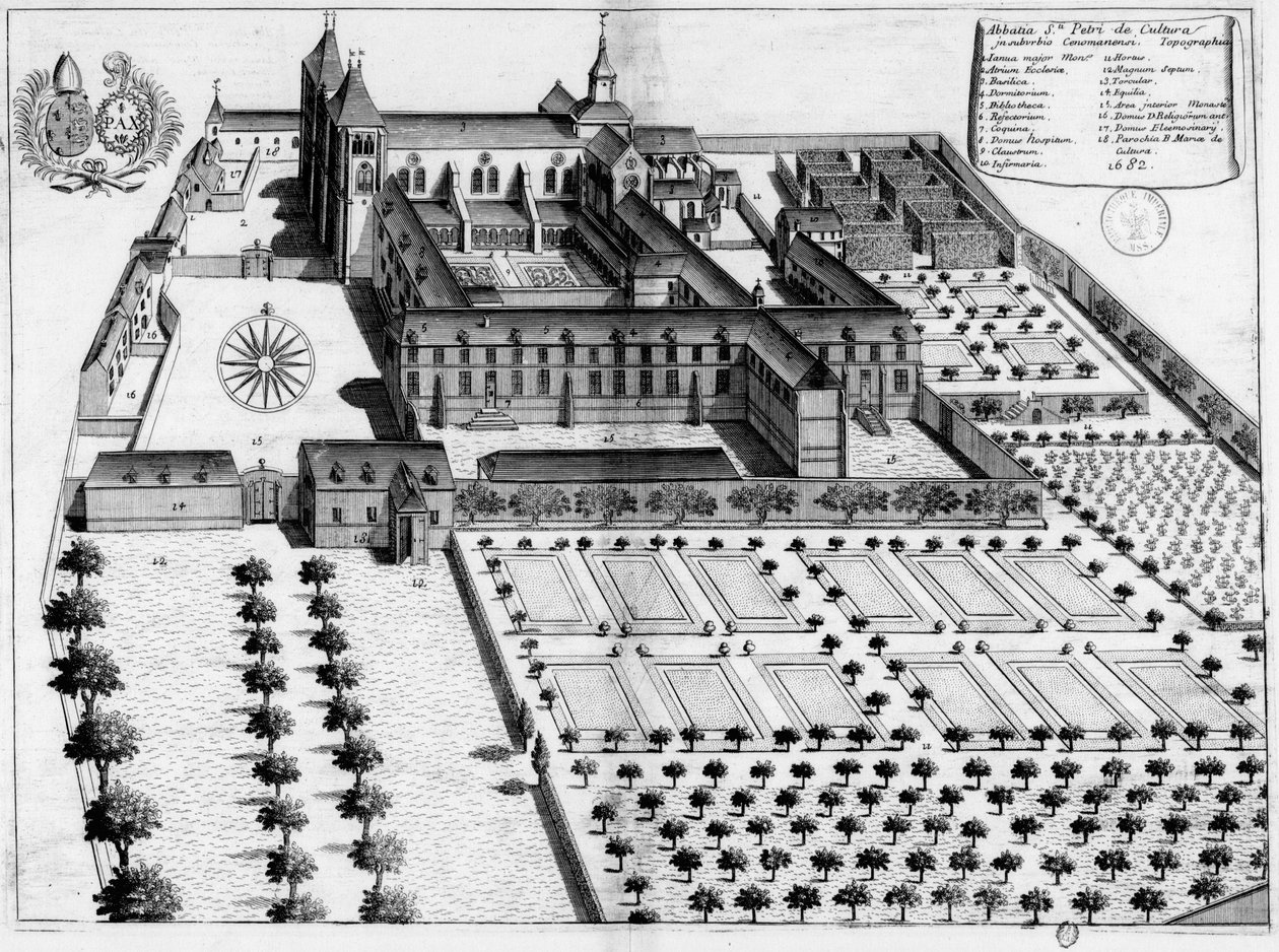 17. århundrede indgraveret plade, der repræsenterer klostret Saint-Pierre de la Couture i Le Mans, af Michel Germain