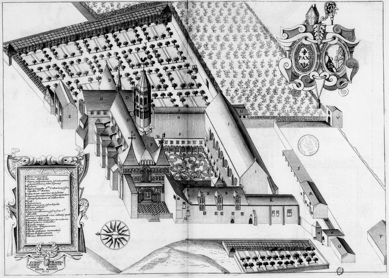 17. århundrede indgraveret plade, der repræsenterer klosteret La Sauve-Majeure, i Frankrig, fra bogen Monasticon Gallicanum af Michel Germain