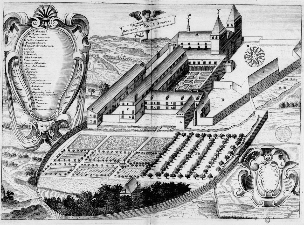 17. århundrede indgraveret plade, der repræsenterer klosteret Saint-Pé-de-Bigorre, i bogen Monasticon Gallicanum af Michel Germain
